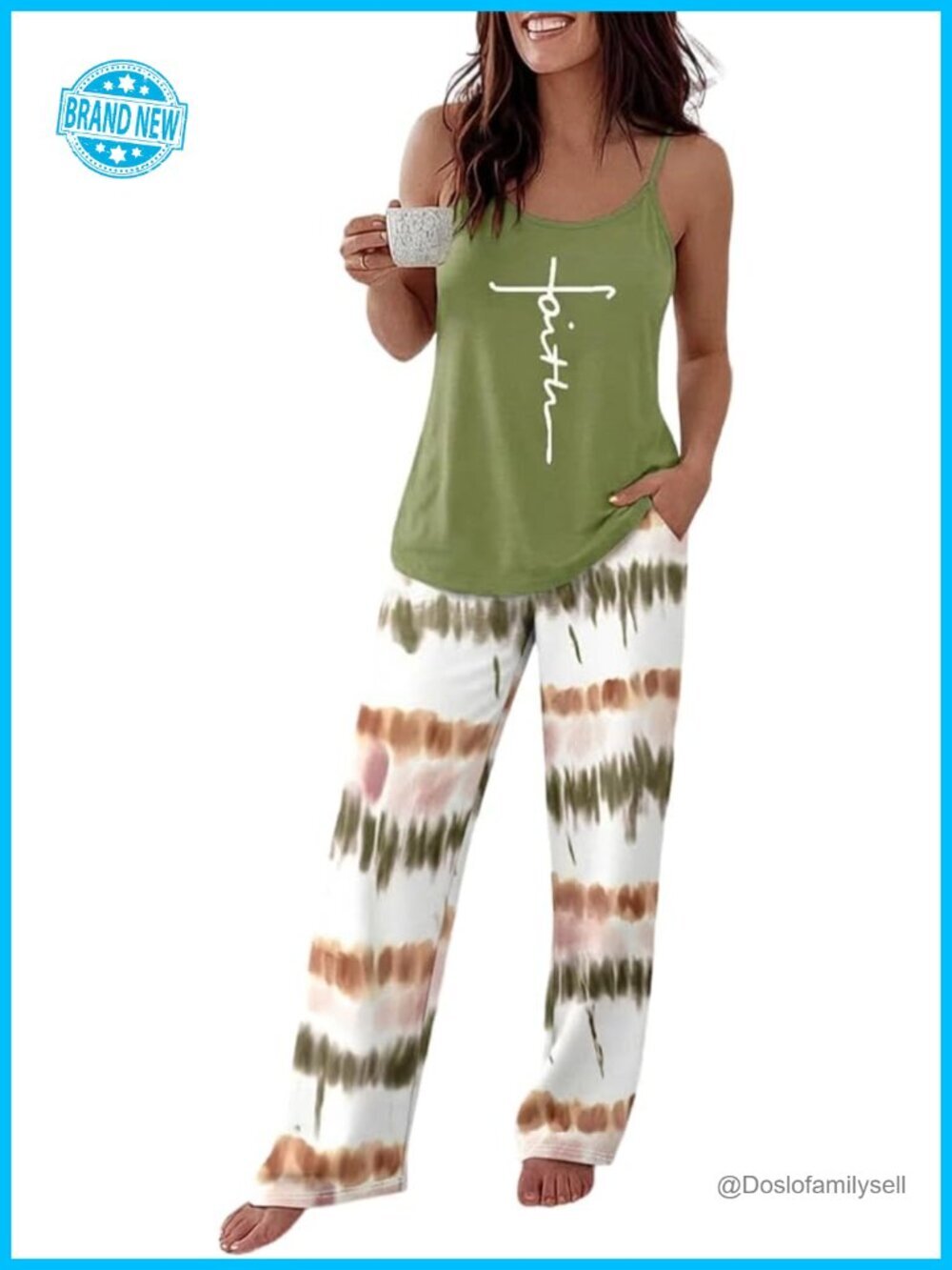 Womens Pajama Set 2 Piece Adjustable Strap Tank Tops Loose Pajama Pants